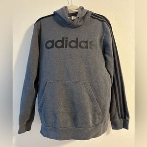 Adidas hooded sweatshirt. Striped sleeves. Charcoal gray with black stripes.